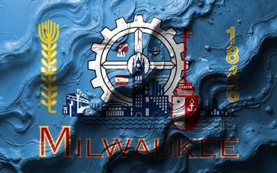 मिल्वौकी झंडा, 4k, पत्थर की लहर बनावट, अमेरिकी शहरों के झंडे, मिल्वौकी का झंडा, 3डी मिल्वौकी झंडा, यूएसए, मिल्वौकी शहर का झंडा, मिलवौकी, विस्कॉन्सिन