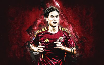 paulo dybala, roma, retrato, celebración de gol, futbolista argentino, dybala roma, fondo de piedra burdeos, arte grunge, serie a, italia, fútbol americano, paulo dybala as roma