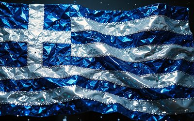 Greek flag, 4K, gemstones, flag of Greece, crystals, shiny stones, Greece, creative art, blue gemstones, blue white crystals, Greece flag