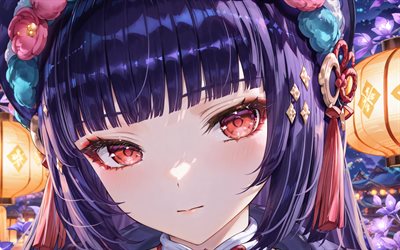 yun jin, 4k, japanische laternen, nahaufnahme, genshin impact, anime charaktere, rote augen, genshin impact charaktere, yun jin genshin impact