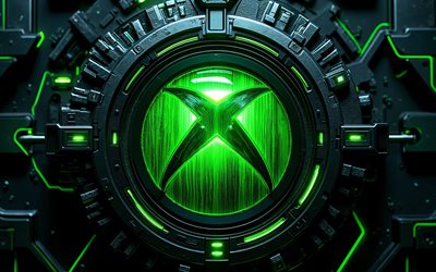 Xbox 3D logo, 4k, dark hi-tech background, green glare, conductors, electronics brands, creative, Xbox logo on microcircuit, brands, Xbox glowing logo, artwork, Xbox logo, Xbox