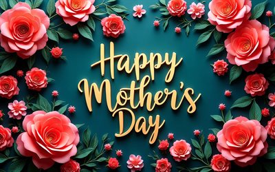 4k, feliz dia de las madres, rosas rojas, arte 3d, fondo azul, conceptos de feliz día de la madre, letras caligráficas amarillas, inscripción del día de la madre feliz