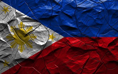 4k, bandeira das filipinas, textura de pedra, ásia, bandeira 3d das filipinas, fundo com rachaduras, filipinas
