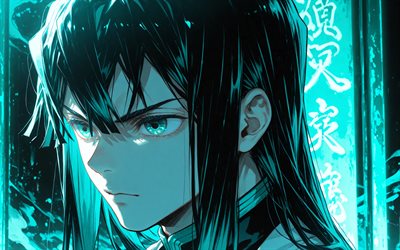 muichiro tokito, 4k, brilho turquesa, escuridão, kimetsu no yaiba, mangá, protagonista, corpo de caçadores de demônios, tokito muichiro, matador de demônios, muichiro tokito kimetsu no yaiba