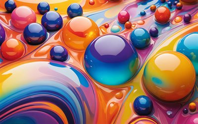 4k, ondas coloridas en 3d, burbujas, pintar arte, bolas de colores, esferas, curvas 3d de colores, arte 3d, abstracciones coloridas, ondas abstractas coloridas, fondo ondulado abstracto, ondas abstractas, fondos abstractos