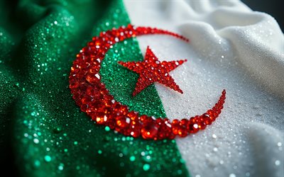 Algerian flag, 4K, gemstones, flag of Algeria, crystals, shiny stones, Algeria, creative art, white gemstones, green white crystals, Algeria flag
