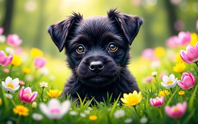 4k, cachorro affenpinscher, de cerca, primavera, bokeh, perros, animales lindos, cachorros, mascotas, affenpinscher, flores de primavera, cachorro en el césped, perro affenpinscher