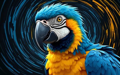 4k, ara dipinta di blu e giallo, sfondo astratto blu, uccelli disegnati, opera d'arte, ara blu e gialla art, uccelli astratti, ara blu e gialla, uccelli dei cartoni animati, ara