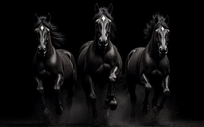 manada de caballos negros, 4k, tres caballos, caballos corriendo, caballos negros, caballos en la oscuridad, hermosos caballos, corriendo caballos negros, rebaño, caballos