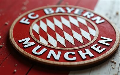 FC Bayern Munich wooden logo, red wooden background, FC Bayern Munich wooden emblem, FC Bayern Munich logo, Germany, football, FC Bayern Munich, Bayern Munich logo, Bayern Munich