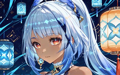 mualani, 4k, oscuridad, linternas japonesas, impacto de genshin, fondo abstracto azul, personajes de anime, personajes de impacto de genshin, impacto de mualani genshin