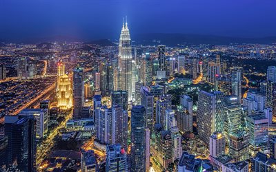 torri petronas, kuala lumpur, notte, grattacieli, panorama di kuala lumpur, vista aerea, paesaggio urbano di kuala lumpur, malaysia, asia