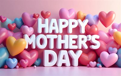 4k, feliz dia de las madres, corazones coloridos en 3d, fondo rosa, conceptos de feliz día de la madre, letras blancas 3d, inscripción del día de la madre feliz