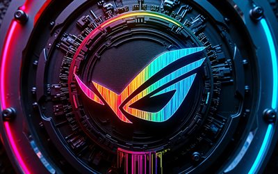Asus RoG abstract logo, 4k, dark hi-tech background, colorful neon lights, conductors, Republic of Gamers, electronics brands, Asus RoG 3D logo, Asus RoG colorful logo, RoG logo, Asus RoG logo, Asus RoG