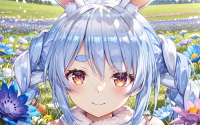 4k, usada pekora, flores azules, prado, youtuber virtual, verano, zanahorias, vtuber, hololive, manga, canal usada pekora, youtuber virtual usada pekora