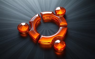 logo orange en verre violet ubuntu, 4k, ubuntu linux, logo orange en verre 3d ubuntu, emblème ubuntu, fond gris élégant, signe violet ubuntu, logoubuntu, linux, ubuntu