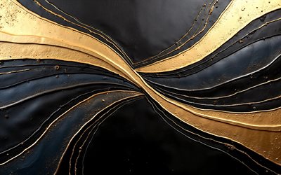 ondas doradas 3d, 4k, fondo de piedra negra, abstracciones oscuras, lineas doradas, creativo, fondo abstracto oscuro, texturas naturales, texturas de piedra