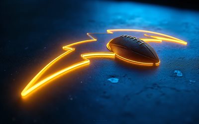 logotipo de neón de los angeles chargers, 4k, fondo de neón azul, emblema de los chargers de los ángeles, nfl, logotipo de los ángeles chargers, luz azul, eeuu, cargadores de los ángeles, fútbol americano