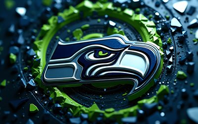 4k, logo 3d des seahawks de seattle, bokeh, fond 3d bleu vert, nfl, football américain, créatif, logo des seahawks de seattle, emblème des seahawks de seattle, équipe de football américain, seahawks de seattle