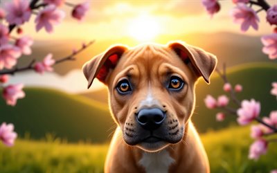 4k, cachorro pitbull americano, atardecer, primavera, flor de cerezo, perros, animales lindos, cachorros, mascotas, pitbull americano, bokeh, flores de primavera, perro pitbull americano