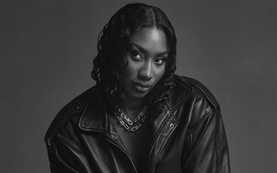 aya nakamura, 4k, retrato, cantante francés, sesión de fotos, monocromo, chaqueta de cuero negro, aya coco danioko, sesión de fotos de aya nakamura