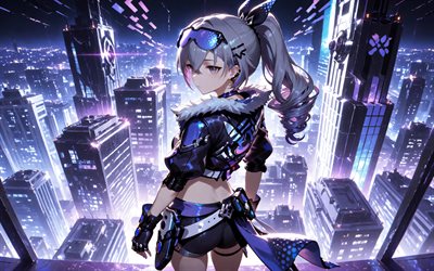 4k, silberner wolf, rückansicht, skyline stadtbild, honkai star rail, kunstwerk, anime charaktere, manga, honkai star rail charaktere, silver wolf honkai star rail