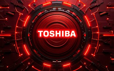 logotipo 3d de toshiba, 4k, fondo rojo de alta tecnología, resplandor rojo, conductores, marcas de electrónica, creativo, logotipo de toshiba en microcircuito, marcas, logotipo brillante de toshiba, obra de arte, logotipo de toshiba, toshiba