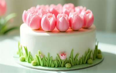 Spring cake decorated with tulips, pink tulip decorations, spring cake ideas, cake with tulips, spring cake, baking, white cream, cakes