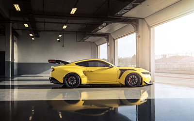2026, ford mustang gtd, 4k, vista lateral, exterior, pista de carreras, ford mustang, ford mustang amarillo, tuning del ford mustang, autos deportivos americanos, vado