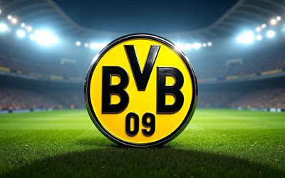 logo borussia dortmund in metallo, 4k, bundesliga, faretti, stadio di calcio, calcio, logo 3d del borussia dortmund, lo stemma del borussia dortmund, bvb, borussia dortmund, squadra di calcio tedesca, borussia dortmund fc