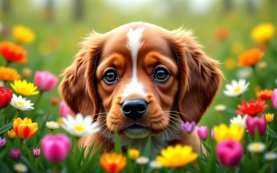 4k, cachorro cocker spaniel inglés, de cerca, primavera, bokeh, perros, animales lindos, cachorros, mascotas, cocker spaniel inglés, flores de primavera, cachorro en el césped, perro cocker spaniel inglés