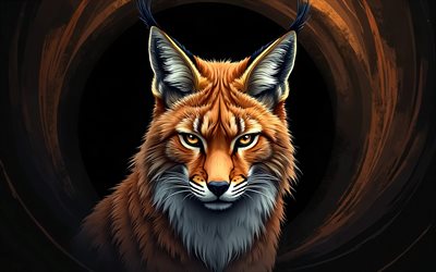 4k, lince pintado, fondo abstracto marrón, animales dibujados, obra de arte, arte lince, animales abstractos, lince, animales de dibujos animados