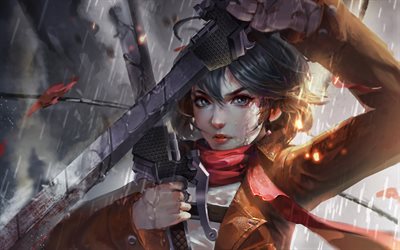 4k, ミカサ・アッカーマン, 剣, 進撃の巨人, 漫画, ミカサ・アッカマン, 肖像画, shingeki no kyojin, タイタンのキャラクターへの攻撃, アートワーク, ミカサ・アッカーマンがタイタンに対する攻撃