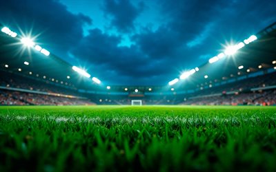 4k, サッカースタジアム, ボケ, スポーツアリーナ, 抽象芸術, アートワーク, スポーツの概念, フットボール, サッカー, スタンド, 満員のスタジアム, 観客でいっぱいのスタジアム, スタジアムでの投光照明, スタジアム