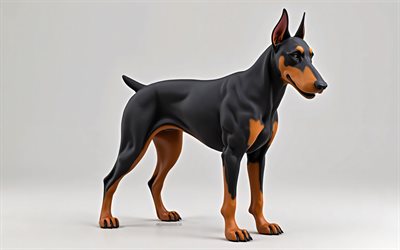 4k, netter 3d  dobermann, cartoon 3d dobermann, süße tiere, dobermann, 3d  tiere, cartoon 3d  tiere, lustiger dobermann, little dobermann, hunde