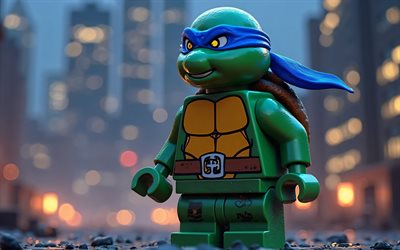 4k, leonardo, lego art, paysage nocturne, teenage mutant ninja turtles, art 3d, caractères tmnt, tortues mutées, leonardo lego, tortues ninja, tmnt, leonardo tmnt