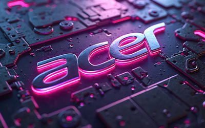 4k, الشعار المعدني acer, أضواء النيون الأرجواني, خلفيات معدنية, acer 3d logo, العمل الفني, شعار أيسر, العلامات التجارية الإلكترونيات, أيسر