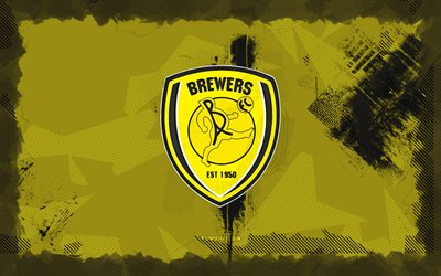 logo grunge de burton albion, 4k, ligue un, fond de grunge jaune, football, burton albion emblem, logo burton albion, burton albion, club de football anglais, burton albion fc