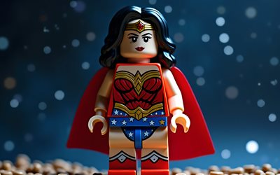 merveilleuse femme, 4k, bokeh, super héros, lego art, bandes dessinées dc, wonder woman lego, paysage nocturne, art 3d, wonder woman 3d, fan art, wonder woman 4k
