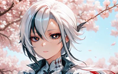 4k, arlecchino, sakura, impatto di genshin, primavera, fiori di ciliegio, personaggi anime, opera d'arte, personaggi di genshin impact, impatto di genshin di arlecchino