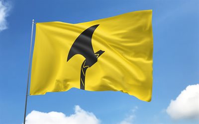 bandera de marca telemark en la bandera, 4k, condados noruegos, cielo azul, bandera de telemark, banderas de satén ondulados, condados de noruega, asta de bandera con banderas, día de telemark, noruega, telemark
