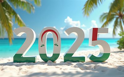 2025 maldive, 4k, viaggia alle maldive 2025, maldive 2025 cifre, 3d art, flag della repubblica delle maldive, 2025 cifre 3d, maldive, 2025 concetti, isole tropicali, oceano, 2025 viaggi estivi