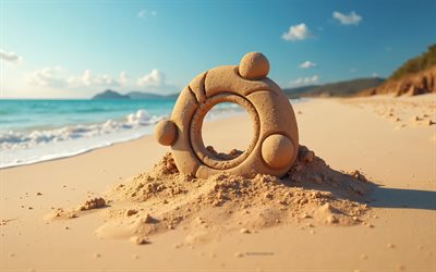 Ubuntu logo, 4k, summer, Ubuntu logo made of sand, beach, 3d Ubuntu logo, sand, palm trees, Ubuntu emblem, Ubuntu, Linux