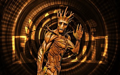 Groot Fortnite, 4k, brown spiral background, Fortnite, creative, Groot Skin, Fortnite Groot Skin, Groot, Fortnite characters