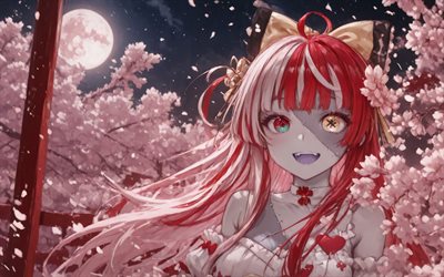 4k, kureiji ollie, notte, youtuber virtuale, primavera, vtuber, zombie, eterocromia, fiori di ciliegio, sakura, olanto, manga, kureiji ollie channel