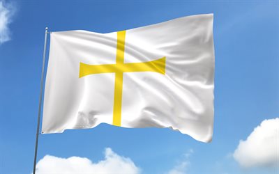 trodelag flagga på flaggstång, 4k, norska län, blå himmel, trodelag, wavy satinflaggor, trodelagflagga, norges län, flaggstång med flaggor, norge