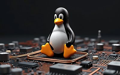logo linux 3d, 4k, pingouin linux, carte mère, art créatif, logo linux, fond noir, linux, art technologique, art linux