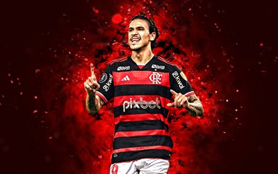 Pedro, 4k, red neon lights, Flamengo, Brazilian Serie A, brazilian footballers, Pedro 4K, football, soccer, Flamengo RJ, Flamengo FC, Pedro Guilherme, Pedro Flamengo