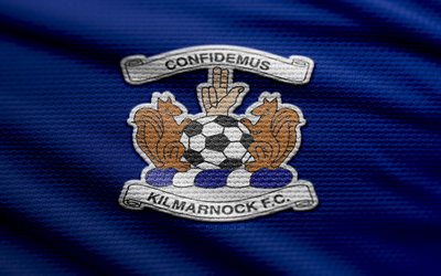 logotipo de tecido kilmarnock fc, 4k, fundo de tecido azul, premiership escocesa, bokeh, futebol, logotipo kilmarnock fc, emblema de kilmarnock, kilmarnock fc, clube de futebol escocês, fc kilmarnock