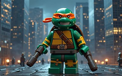 4k, michel ange, lego art, paysage nocturne, teenage mutant ninja turtles, art 3d, caractères tmnt, tortues mutées, michel ange lego, tortues ninja, tmnt, michel ange tmnt